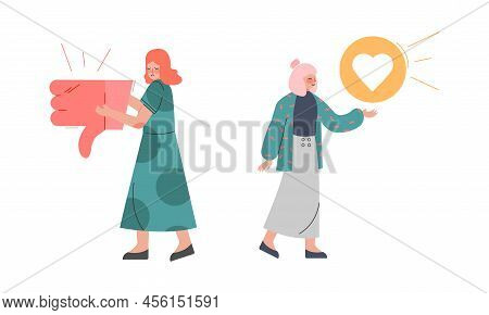 Young Woman Holding Thumb Down And Like Heart Sign As Notification Of Approval And Disapproval Vecto