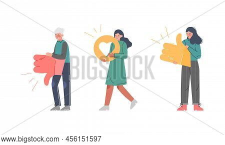 Young Man And Woman Holding Thumb Up, Down And Like Heart Sign As Notification Of Approval And Disap