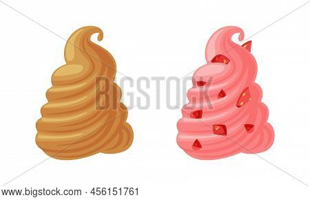 Fruit And Chocolate Whipped Cream Swirl As Ice Cream Top Vector Set