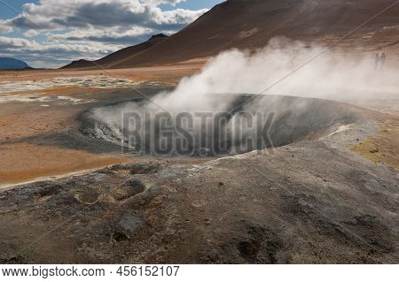 Beautiful Colourful Icelandic Landscape Lava Fields Mountain Geysers Zigzag Road And Moss-covered St