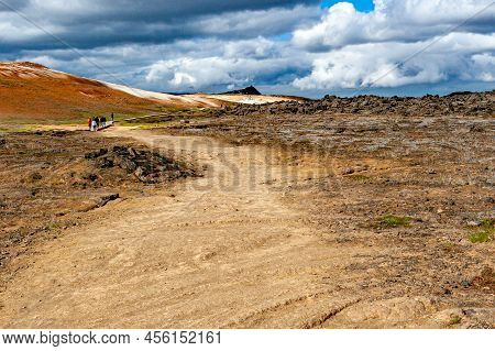 Beautiful Colourful Icelandic Landscape Lava Fields Mountain Geysers Zigzag Road And Moss-covered St