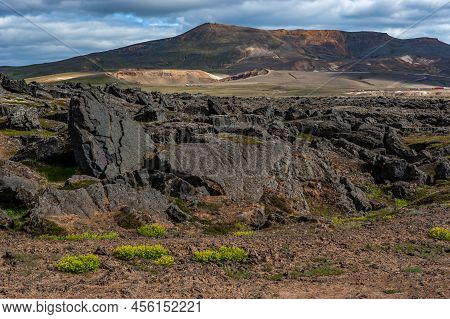 Beautiful Colourful Icelandic Landscape Lava Fields Mountain Geysers Zigzag Road And Moss-covered St