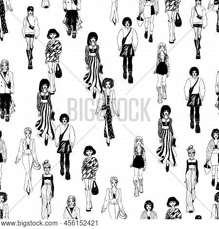 Seamless Pattern. Women In Trendy Clothes. Defile Sketch.