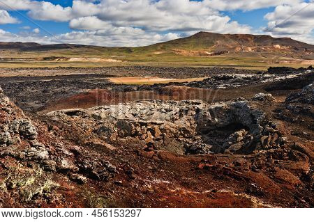 Beautiful Colourful Icelandic Landscape Lava Fields Mountain Geysers Zigzag Road And Moss-covered St