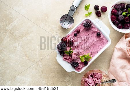 Homemade Fruit, Pink Sorbet With Banana And Berry Ice Cream Summer Refresing Treat, Copy Space For T