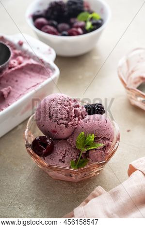 Pink Ice Cream Scoops In Glass Bowl, Close Up. Homemade Healthy Sorbet With Banana And Berry, Icecre