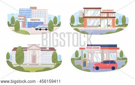 Town Infrastructure 2d Vector Isolated Illustrations Set. Flat Cityscapes On Cartoon Background. Col