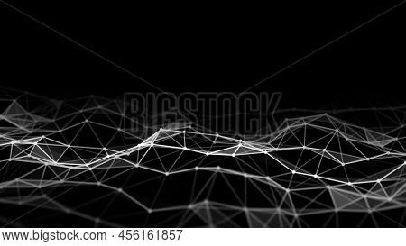 Digital Wave With Dots, Lines And Triangles On The Dark Background. The Futuristic Abstract Structur