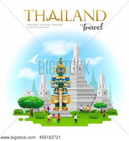 Thai Giant With Arun Temple In Bangkok Thailand Travel Design On Blue Cloud And Sky Background, Vect