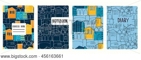 Cover Page Templates Based On Seamless Patterns With Historical Cityscapes. Perfect For Notebooks, D