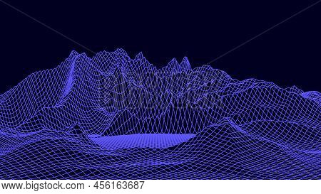 Abstract Digital Neon Grid Landscape Background. Futuristic Retro Mountains Backdrop. Big Data Visua