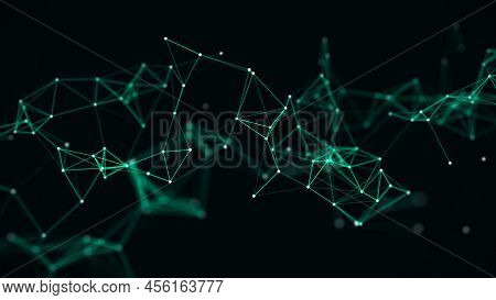Digital Wave With Dots, Lines And Triangles On The Dark Background. The Futuristic Abstract Structur
