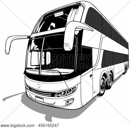 Drawing Of A Luxury Long-distance Bus From The Front View - Black Illustration Isolated On White Bac