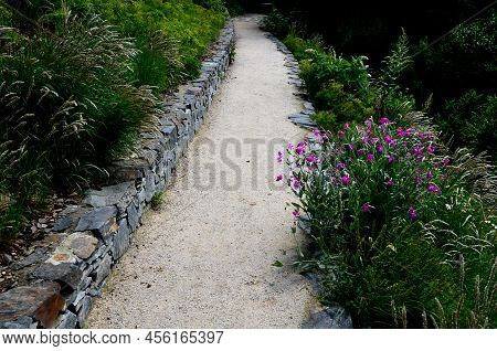 Road Cut Into The Slope. Above And Below The Road Is A Stone Dry Wall. Nature Trail Through The Autu