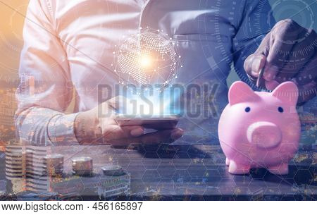 Double Exposure, Online Banking Savings Concept, Online Investment Savings, Online Stock Investors, 