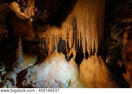 Na Pomezi Caves, Vapenna, Moravia, Czech Republic, 16 April 2022: Natural Dripstone Rock Formations 