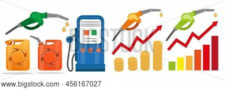 Petrol Fuel Icon Set Flat Style Refueling Gun And Canister, Rising Gas Prices And Oil Increase Fuel 