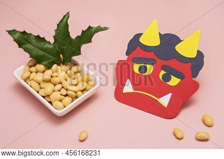 Cute Setsubun Paper-craft With Red Demon Mask  And Lucky Beans. Traditional Japanese Festival, Bean 