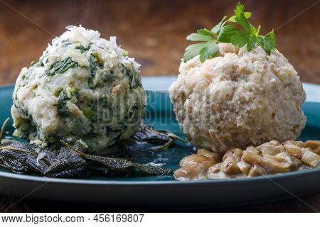 Closeup Of Mixed Bavarian Dumplings On Wood