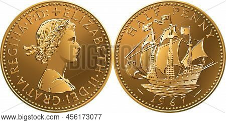 Vector British Money Coin One Old Halfpenny With Galleon On Reverse And Queen On Obverse