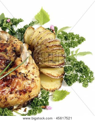 Stegt kylling med stegt kartofler Hasselback