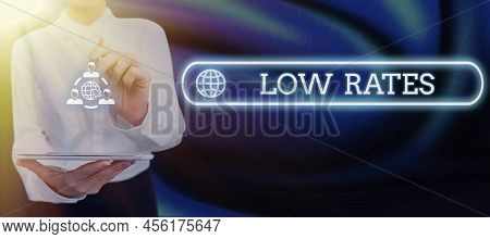 Hand Writing Sign Low Rates. Business Overview A Cost Of An Item Or Service Which Is Usualy At Its S