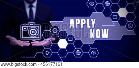 Text Caption Presenting Apply Now. Business Overview An Act Of A Person To Acquire The Job Related T