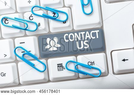 Conceptual Caption Contact Us. Word Written On Group Of Person That Rendering Costumer Service Throu