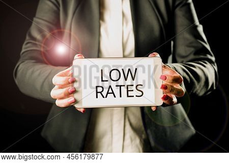 Conceptual Caption Low Rates. Business Concept A Cost Of An Item Or Service Which Is Usualy At Its S