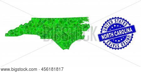 Blue Rosette Textured Seal And Lowpoly North Carolina State Map Mosaic In Green Colors. Triangulated