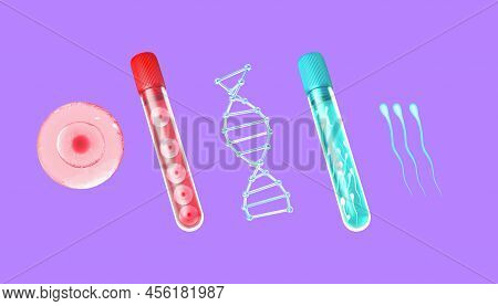 3d Illustration Of A Test Tube With Eggs, A Test Tube With Spermatozoa, A Dna Spiral, Spermatozoa An