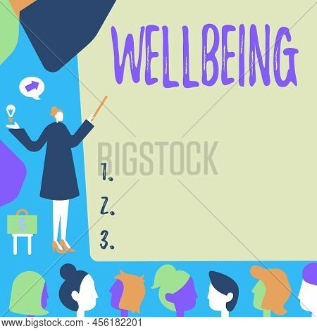 Handwriting Text Wellbeing. Business Overview A Good Or Satisfactory Condition Of Existence Includin