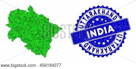 Blue Rosette Unclean Seal And Low-poly Uttarakhand State Map Mosaic In Green Colors. Triangulated Ut