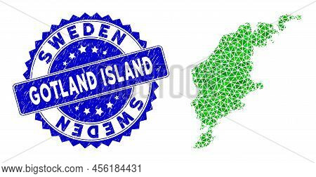Blue Rosette Dirty Seal And Lowpoly Gotland Island Map Mosaic In Green Colors. Triangulated Gotland 