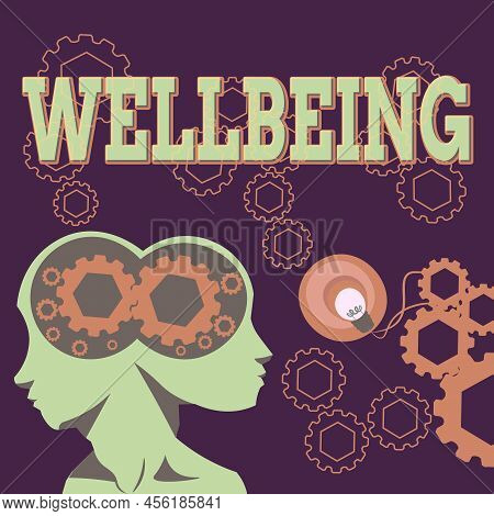 Hand Writing Sign Wellbeing. Concept Meaning A Good Or Satisfactory Condition Of Existence Including