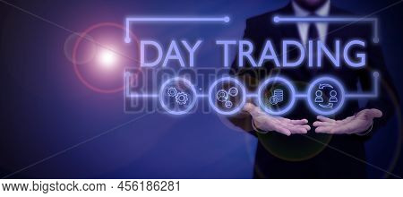 Sign Displaying Day Trading. Word Written On Securities Specifically Buying And Selling Financial In