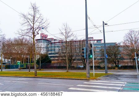 Strasbourg, France - January, 2022: View From Street Of European Court Of Human Rights Building. Ped