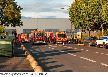 Paris, France - July, ?2021: Fire Trucks On The Street Of Paris. Emergency Vehicle Intervention.