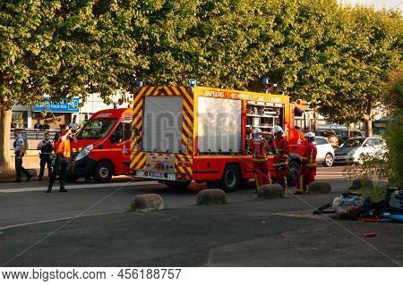 Paris, France - July, ?2021: View Of Firefighters Arrived At The Emergency Call In The Afternoon