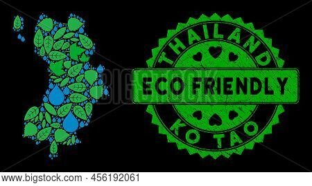 Eco Ko Tao Map Mosaic Of Herbal Leaves And Water Drops, And Eco Friendly Award Seal. Ko Tao Map Is M