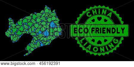 Eco Liaoning Province Map Collage Of Herbal Leaves And Water Drops, And Eco Friendly Quality Seal. L