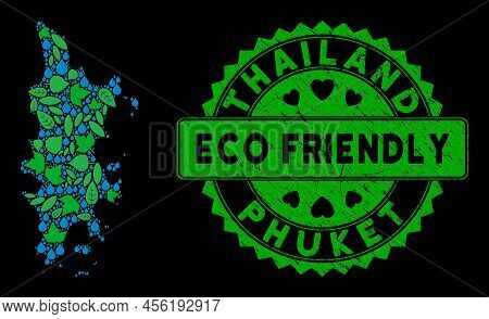 Eco Phuket Map Mosaic Of Herbal Leaves And Water Drops, And Eco Friendly Quality Medallion. Phuket M