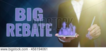 Sign Displaying Big Rebate. Business Idea Huge Rewards That Can Get When You Engaged To A Special Pr