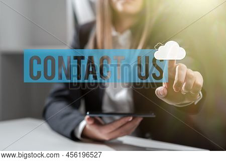 Conceptual Caption Contact Us. Business Approach Group Of Person That Rendering Costumer Service Thr