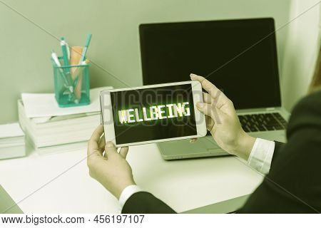 Text Sign Showing Wellbeing. Business Approach A Good Or Satisfactory Condition Of Existence Includi