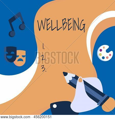Conceptual Display Wellbeing. Internet Concept A Good Or Satisfactory Condition Of Existence Includi
