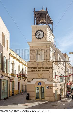 Merida,spain - May 25,2022 - View At The Clock Tower In The Streets Of Merida. Merida Is A City And 