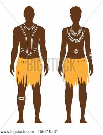 Aboriginal Man And Woman With Traditional Body Art And Ethnic Dresses Isolated On White Background.