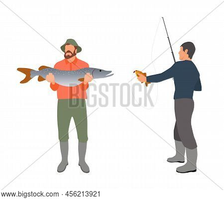 Fishermen With Fishing Rod And Fish Vector Illustration. Standing Fishers With Fish-rod, Just Caught