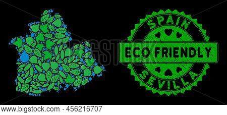 Eco Sevilla Province Map Composition Of Herbal Leaves And Water Dews, And Eco Friendly Badge Seal. S